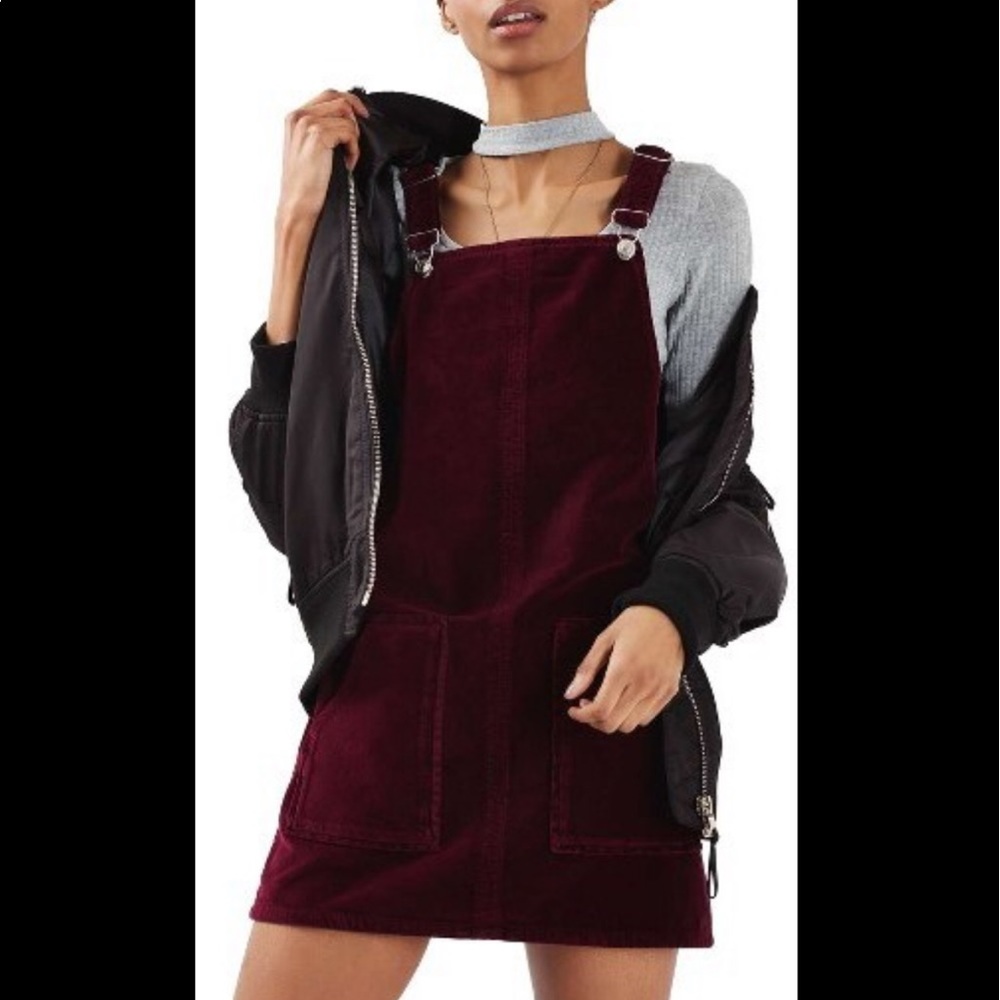 Maroon Topshop Velvet Pinafore Dress